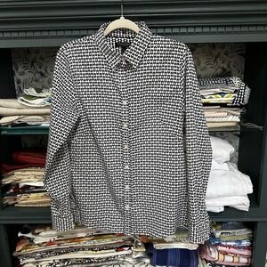 Banana Republic Women's Black Heart Print Button Long Sleeve Blouse Size 12